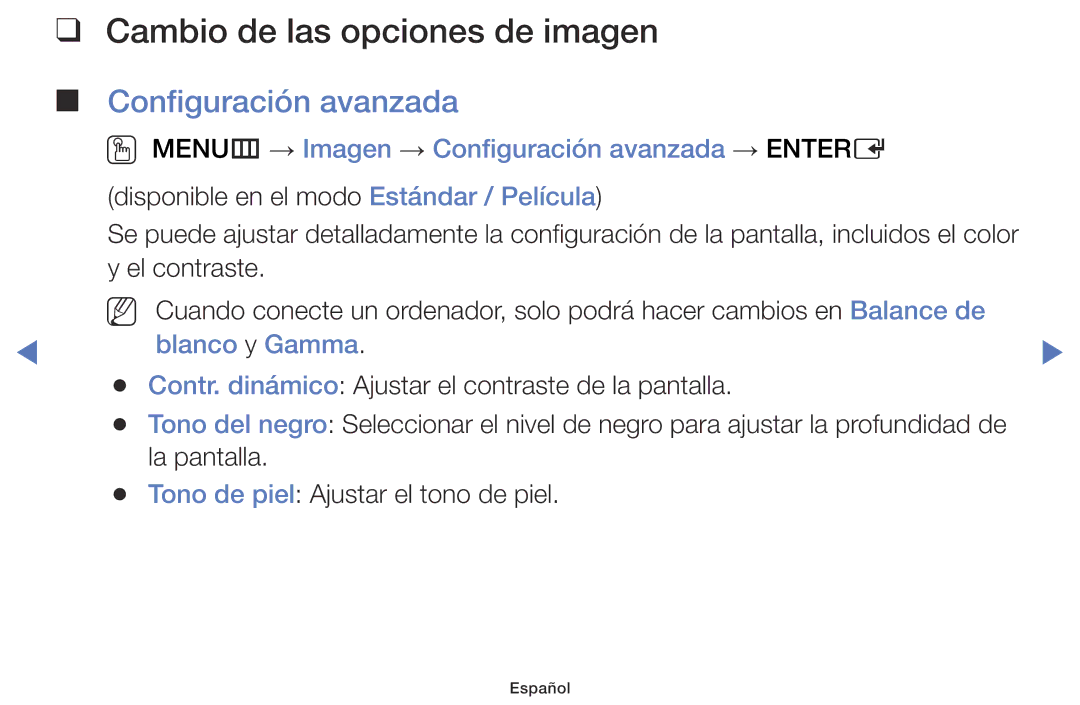 Samsung LT24D310EW/EN, LT28D310EW/EN manual Cambio de las opciones de imagen , Configuración avanzada, Blanco y Gamma 